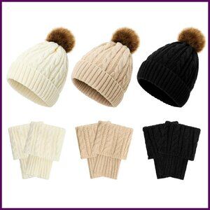 Winter Beanie Hat & Boot Socks Set - 6 Pcs Knitted Pompom Caps Leg Warmers